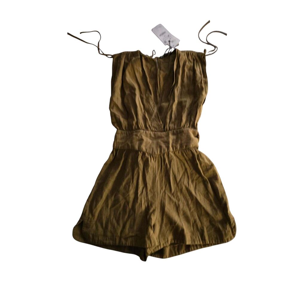 ZARA NWT LINEN BLEND‎ SHORT JUMPSUIT KHAKI BROWN SIZE Medium - Picture 2 of 7